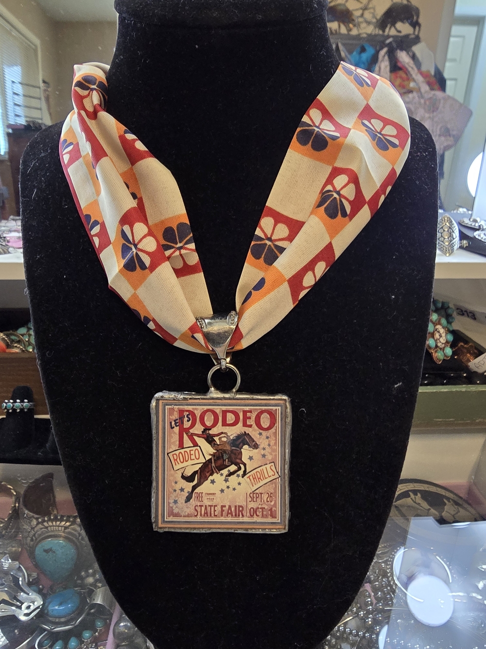 Vintage Rodeo Pendant With Twilly Scarf Necklace in Cream, Orange & Navy